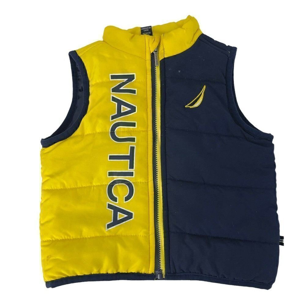 Nautica Spellout Puffer Vest Logo Color Blocked Yellow Blue Baby Size 6-9 Month
